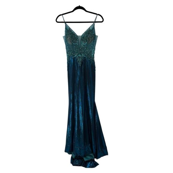 Ellie Wilde Teal Beaded Liquid Lame STYLE: EW120095 Formal Dress‎ Sz 4 Women’s - Picture 5 of 15